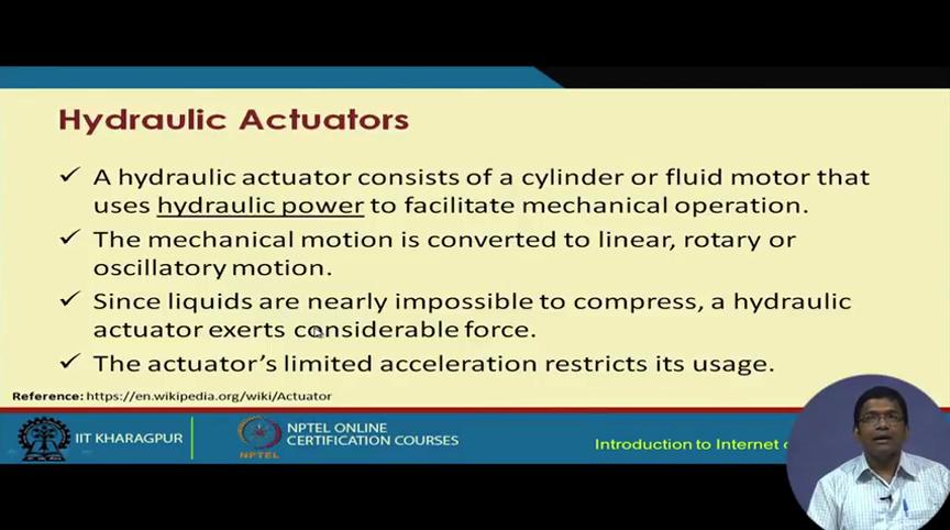 (Refer Slide Time: 05:44) So, this name suggests, these hydraulic actuators consist of a cylinder or fluid motor that uses hydraulic power to facilitate mechanical operation.