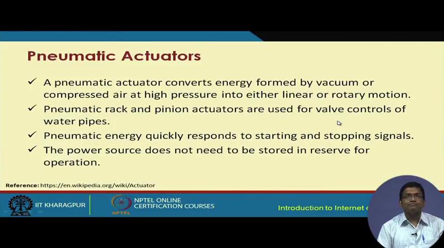 (Refer Slide Time: 07:51) So, those were the hydraulic actuators. Pneumatic actuator, pneumatic means air based.