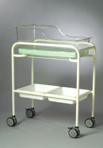 white storage trays Powder coated frame AX 607 Stainless steel frame AX 597 Bassinet Trolley Twin 800 x 610 x 910mm Includes acrylic tub and