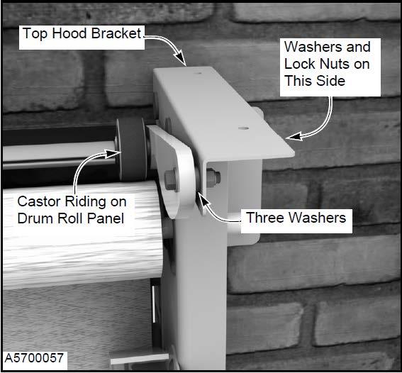 Install top hood bracket with two ³/₈-16 x 1.25 flat head square neck bolts, ³/₈-in. flat washers and ³/₈in. hex serrated flange lock nuts.