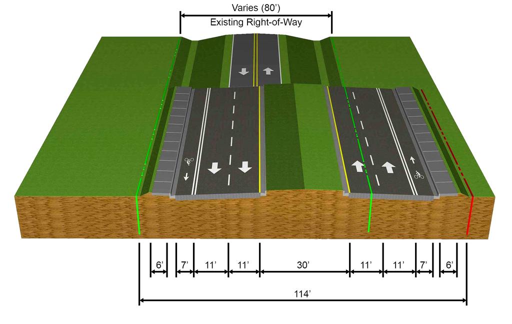 Southern Alignment The majority of the southern alignment alternative shifts south of the existing roadway and requires approximately 34 feet of additional right-of-way along the south side of the