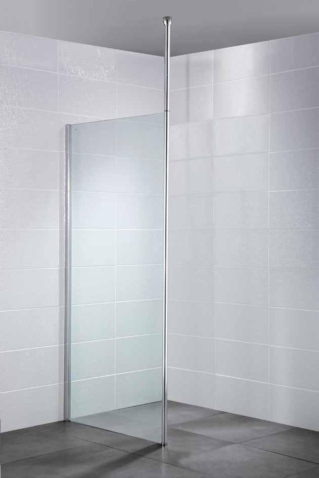 19 IDENTITI Wetroom with Floor to Ceiling Post 8mm toughened safety glass Polished Silver 1950mm high Suitable for tray or wetroom installations 25mm adjustment for out of true walls Floor to ceiling