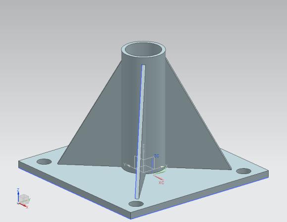 There is a cylinder centered in the middle of the base that measures 6.5 x5.5 x10. There are four triangular gusset welded to the base that attach to the cylinder as can be seen in figure 2.