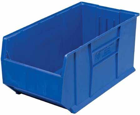 These huge stack bins are ideal for heavy-duty, extra deep shelving and are available in a variety of widths and heights. Heavy-duty front, back and side grips allow for easy handling.