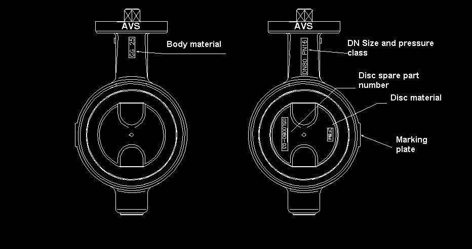 P.E.D. 2014/68/EU Butterfly Valves Series SL, SLT and SLK 3. VALVE MARKINGS Body material, DN size and pressure class are cast on the body. The disc of the valve has material and spare part markings.