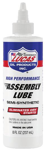 ASSEMBLY LUBE & GREASE Lucas Assembly Lube and Grease provide startup protection for tight tolerance engine parts. They mix with any oil and will not plug filters.