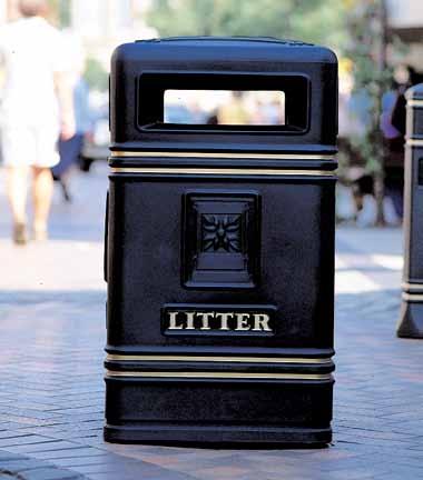 Topsy Jubilee Litter Bin Topsy Jubilee bin is a Victoriana-style litter container, manufactured in Durapol material with a stylish textured finish. Gold litter legends and bands. Key-locking system.