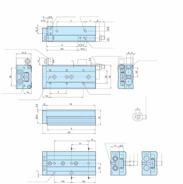 Slide Tables - P5SS Series Slide Table Ø12 - Dimensions (mm) 2-M x 0.7 x 5 depth 2-M5 x 0,8 (air port) 11 (Max.) Stroke adjuster at extension end NA-M x 0.
