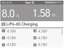 Charge Screen Background Screen (color indicates charge cycle) Active Charging Current Battery Type and Active Task Operating Time Percentage of Full Charge Capacity Charged System Setting Menu From