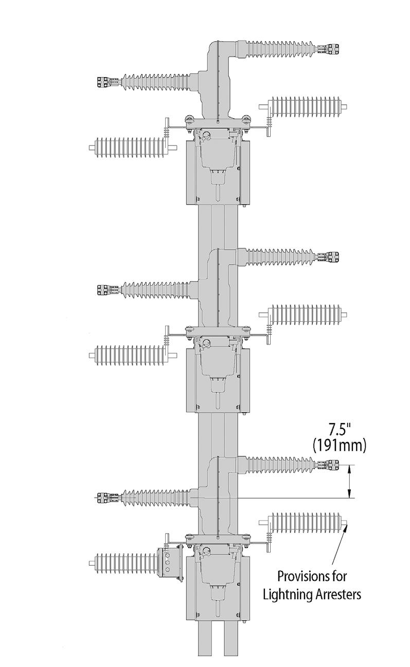Horizontal Insulator Bracket (38kV shown)* This configuration is ideal for overhead applications where all three phase conductors are on the same side of the pole or for congested installations with