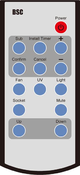 Buttons of Remote Control: 1. POWER 2. SUB 3. INSTALL TIMER 4. CONFIRM 5. CANCEL 6. + 7. - 8. FAN 9. UV 10. LIGHT 11. SOCKET 12. MUTE 13. UP Picture 7 14. DOWN 5.