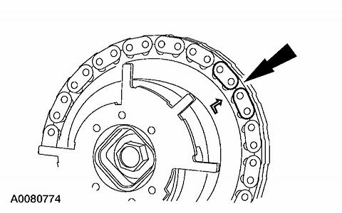 Position the timing chain on the camshaft sprocket with the camshaft sprocket timing mark positioned between the two