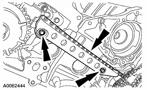 5. Remove the RH and LH timing chains and the crankshaft sprocket. - Remove the RH timing chain from the camshaft sprocket. - Remove the RH timing chain from the crankshaft sprocket.