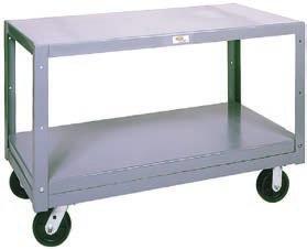 ga. steel shelves have a hemmed 2" upward lip no sharp edges Hefty steel angle frame withstands the rigors of an order picking environment Two swivel/two rigid casters are welded to the truck; plain