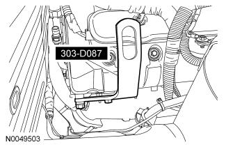 11. Remove the LH and RH engine support insulator nuts. 12. NOTE: The heavy duty Engine Support Bar (303-F070) must be used with the draw screws from the light duty Engine Support Bar (303-F072).