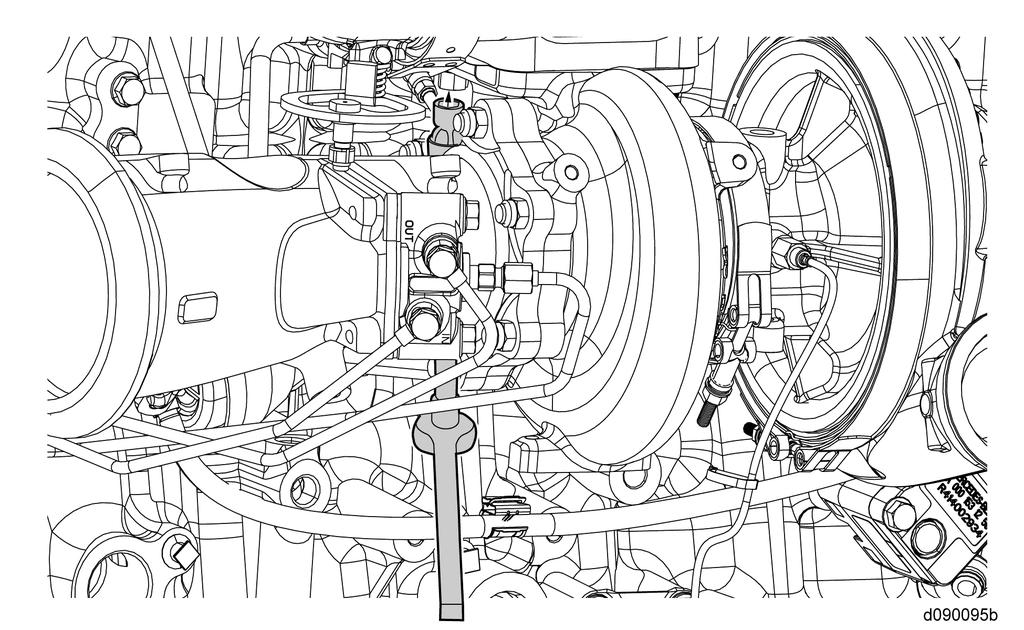 3 Installation of the GHG14 DD15 Asymmetrical Turbocharger 11. Install the turbocharger support bracket and the four bolts. 12.