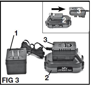 INSTALLING OR REMOVING THE BATTERY PACK (FIG 2) To install the battery pack, slide the battery pack (1) into the bottom of the tool housing (2) all the way until it locks in place with a click, as