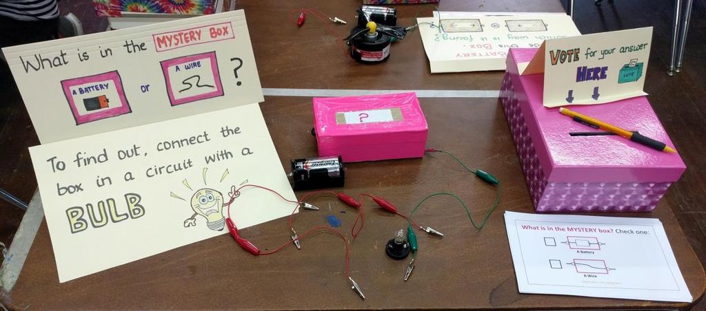 Puzzle 2: Pink? Box Task: Students are asked to identify the contents of the pink electrical mystery box labeled?. They are also asked to draw a picture of the circuit.