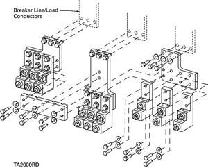 50 15 0 Amperes for UL, CSA & IEC Applications Frame Size RG, 800 0 Amperes Line and Load Terminals R-Frame circuit breakers use Cu/Al terminals as standard and copper only terminals as an option.