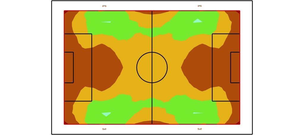 2 Football pitch 75 lux 2.2 Summary, Football pitch 75 lux 2.2.1 Result overview, Football field [m] 40 N 30 20 10 0-10 -20-30 -40-60 -50-40 -30-20 -10 0 10 20 30 40 50 60 [m] Illuminance [lx] 50 75