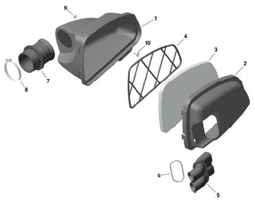 125 MAX DD2: Intake silencer with integrated washable air filter as shown in illustration. The intake silencer case (pos 1) is marked on the inside with 225012 (4 clips) or 225013 (5 clips).