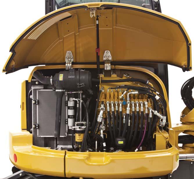 Swing open door provides access to major components and service points including engine oil check and fill, vertically mounted engine oil filter, starter motor and alternator.