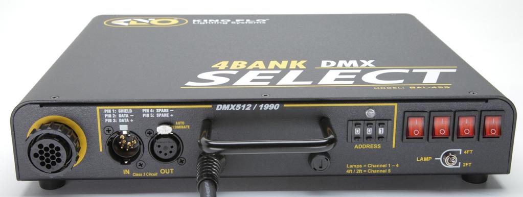 Select/DMX 4Bank Control Panel A B C D E F G A) Circular Output Connector: Provides electrical power to the lamp head with the use of a 4Bank extension cable.