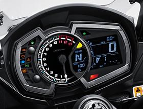 INSTRUMENT PANEL Display functions include: odometer, dual trip meters, remaining range, current and average fuel consumption, external temperature, coolant temperature, clock, Economical Riding