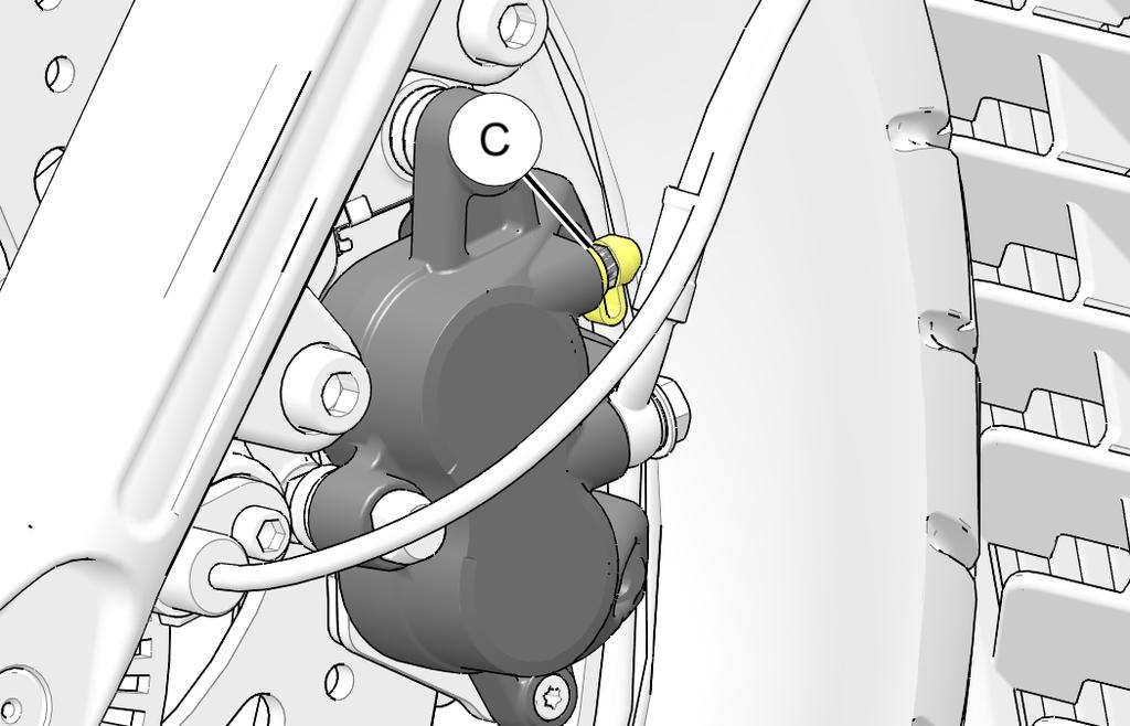 1. Pull brake lever forward to ensure smooth lever operation. 2. Remove and retain two screws A to remove front brake fluid reservoir cover B to add fluid as it is drawn through the brake system. 3.
