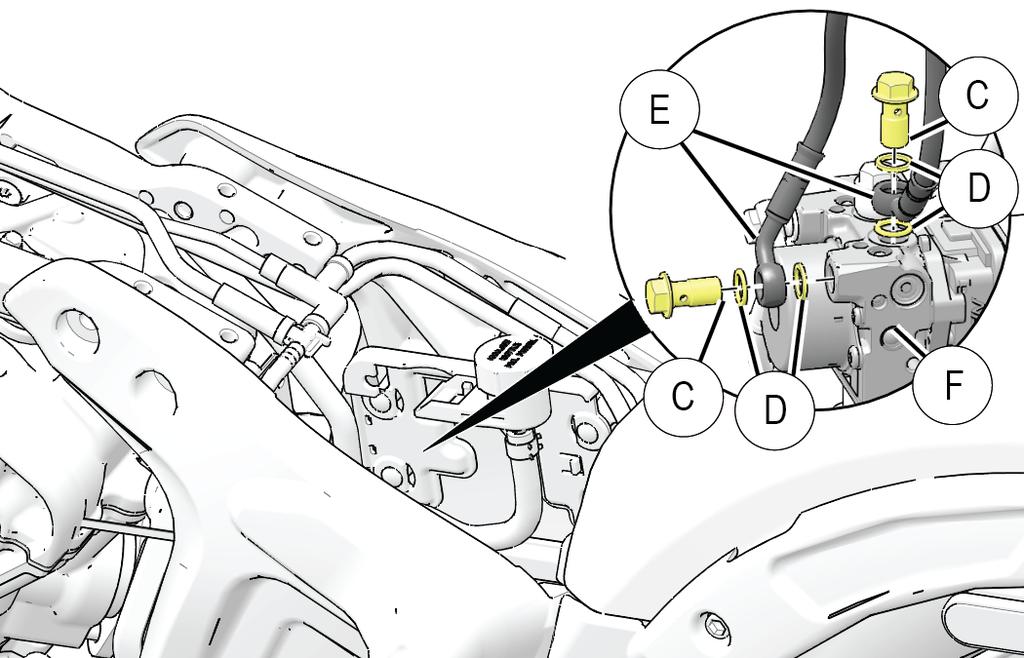 In battery opening, remove and discard two banjo bolts C and four seals D to disconnect brake cable E from ABS module F. Cap off ABS module immediately to prevent contamination.