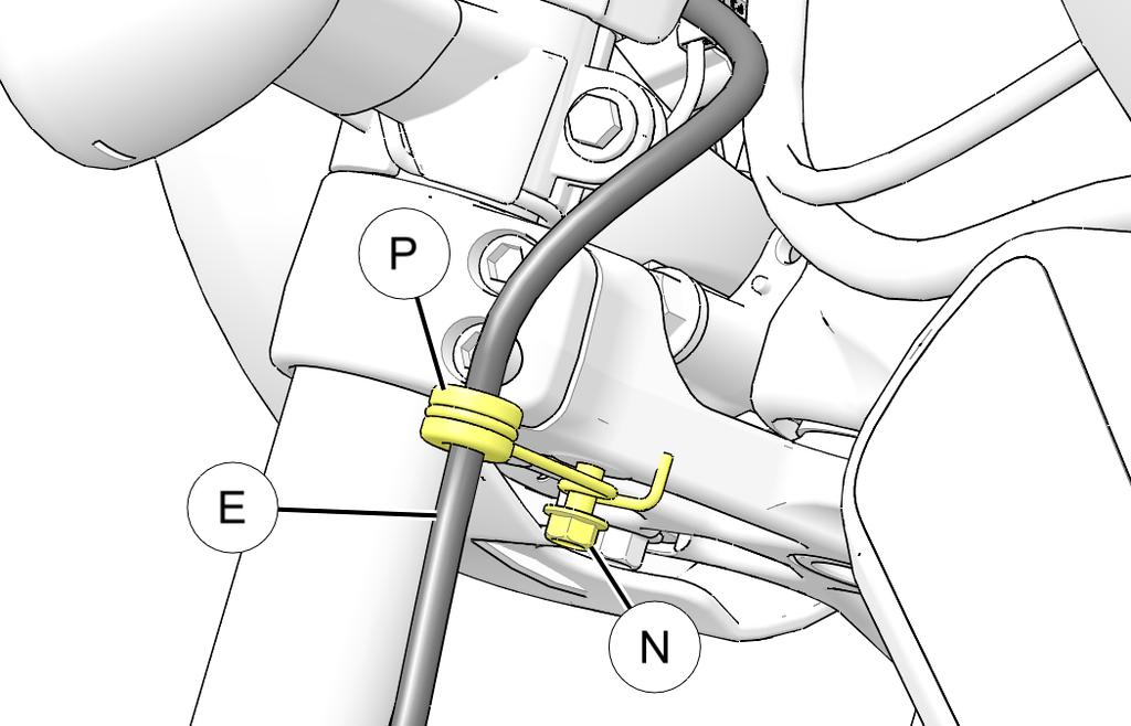 5. Remove and retain screw N to remove and discard front brake line E and wire bracket P. 3.