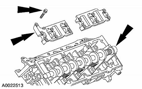 2. Install the camshaft and the camshaft bearing caps in their original locations. - Lubricate the camshaft bearing caps with clean engine oil.