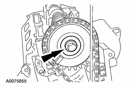 5. Aligning the location marks, install the camshaft sprocket. Tighten the sprocket bolt in two stages. - Stage 1: Tighten to 40 Nm (30 ft. lbs.). - Stage 2: Tighten an additional 90 degrees.