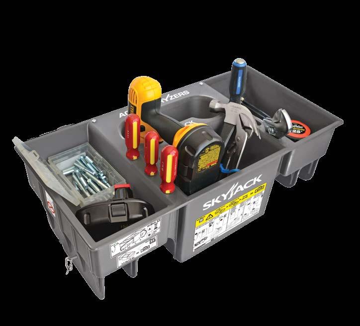 TOOL CADDY KEY FEATURES Durable and lightweight Corner mounted, maximises available workspace Power tool holder Lip handles 2 large side compartments Deep center compartment for larger tools Simple