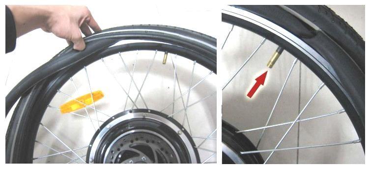 Place the rest of the tube between the rim and the tire and pull the tire over the rim.