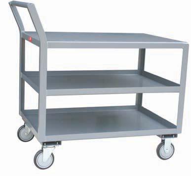 3 Shelf Offset Handle Low Profile Carts Model LZ Low flush top shelf for shorter lift of heavier items 1,00 LB CAP* (*800 lb with casters) All welded construction (except casters).