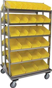Stainless Plastic Bin Sloped Shelf Truck Model ZS - 4 bin sizes for flexible small part storage with visual contact 1,00 LB CAPACITY Model ZS Shown All welded construction (except casters).