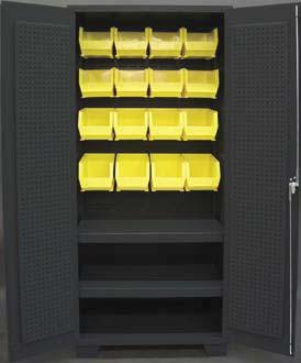 Model GW: Lockable drawers (5 h x 16 w x 16 d) with keys Yellow plastic Large Bins (8-1/4"w x 11"d x 7"h) Model GV Shown Model GY: Yellow plastic bin sizes: Large Bins (8-1/4"w x 11"d x 7"h) Includes