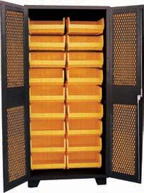 Yellow plastic bin sizes: Big Bins (16-1/"w x 14-3/4"d x 7"h) Large Bins (8-1/4"w x 11"d x 7"h) Lockable doors, with lever handle, 3 point locking system.