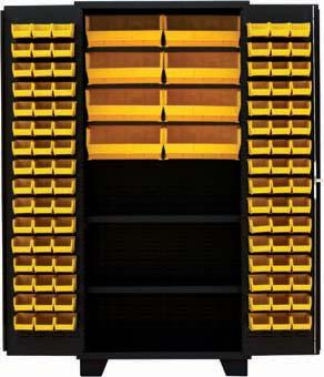 Yellow plastic bin sizes: Backwall: Big Bins (16-1/"w x 14-3/4"d x 7"h) Large Bins (8-1/4"w x 11"d x 7"h) Doors: Small Bins (4-1/8"w x 7-1/"d x 3"h) Full shelf rails allow shelves to be adjusted on