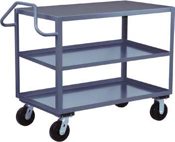 Bolt on casters, swivel & rigid, for easy replacement. 1-1/" shelf lips up for retention. Clearance between shelves - 1" Overall height (excluding handle) - 35". Powder coated gray finish.