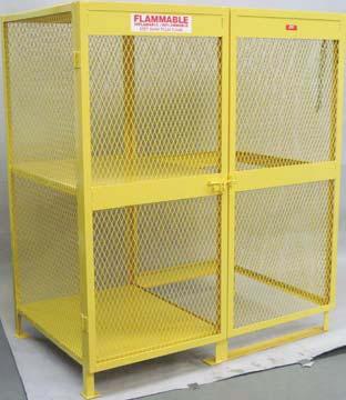 Model CU 14 gauge steel shelf on left side for 0-43lb cylinders has 30 height clearance. Open floor on vertical side allows large cylinders to be walked in safely.