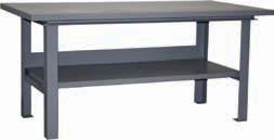 Lower shelf - 4" deep with 4" stringer Clearance between shelves - 16" Overall height - 34" Powder coated gray finish.