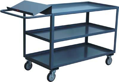 Bolt on casters, swivel & rigid, for easy replacement. 1-1/" shelf lips up for retention. Clearance between shelves - 5". Overall height (excluding handle) - 35". Powder coated gray finish.