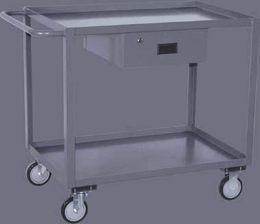 *(*800 lb with casters) 1-1/4 tubular center support posts. 1-1/" shelf lips down(flush) on top shelf and lips up for retention on bottom shelf. Clearance between shelves - 5".