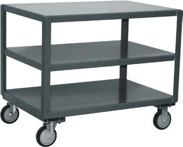 1-1/" shelf lips down (flush) on all shelves. Clearance between shelves - 9". Overall height: - Model LC - 30" (34" with 8 casters) - Model LD - 31 - Model LE - 33 Powder coated gray finish.