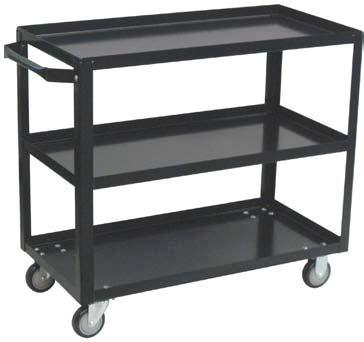 Bolt on casters, swivel & rigid with wheel brakes on swivel casters. 1-1/" shelf lips up for retention. Clearance between shelves - 5". Overall height - 33". Powder coated black finish ONLY.