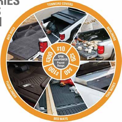 ACCESSORIES REWARDS PROGRAM From August 1 October 2, 2017, sell eligible Premium All-Weather Floor Liners, Tonneau Covers, Bed Rugs, Bedliners, Bed Mats and Tool Boxes and earn SPIN rewards ranging