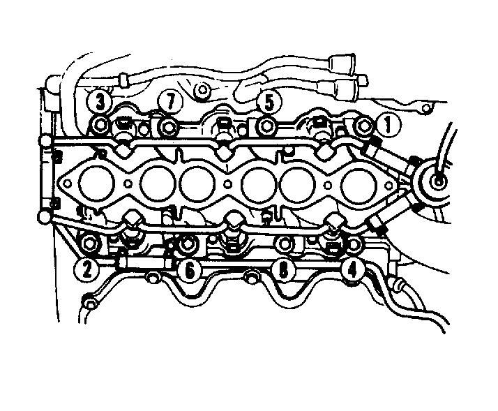 removal sequence. See Fig. 2. Remove intake manifold and fuel injector fuel lines as an assembly. Fig. 2: Intake Manifold Removal Sequence Installation Using new gaskets, install intake manifold assembly.
