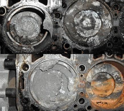 Melted pistons. Head gasket breakdown or non-function. Warped cylinder heads. Crankshaft and connecting rod discolored.